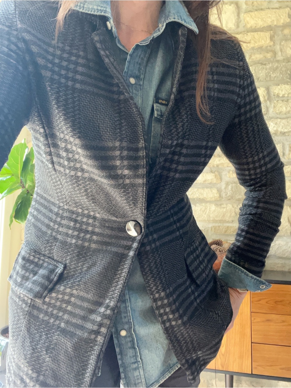 JOSEPH RIBKOFF Women's Black & Grey Plaid Blazer Jacket Size 6 Like New